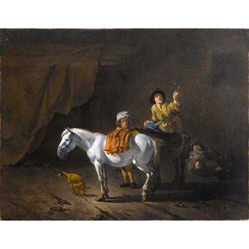 A Horseman Holding a Roemer of Wine with an Ostler Tending the Horses